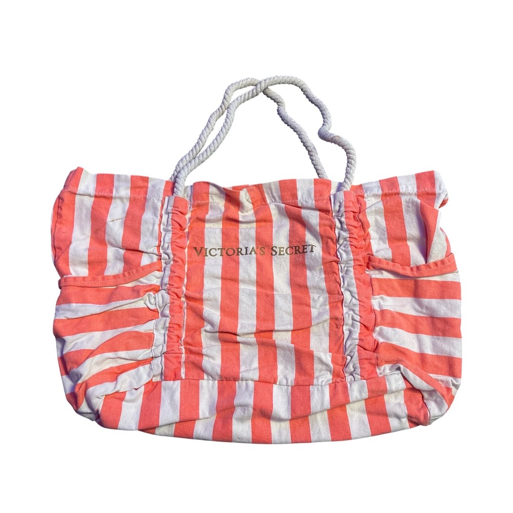 Victoria's Secret Coral White Striped Canvas Beach Tote Bag Rope Handles